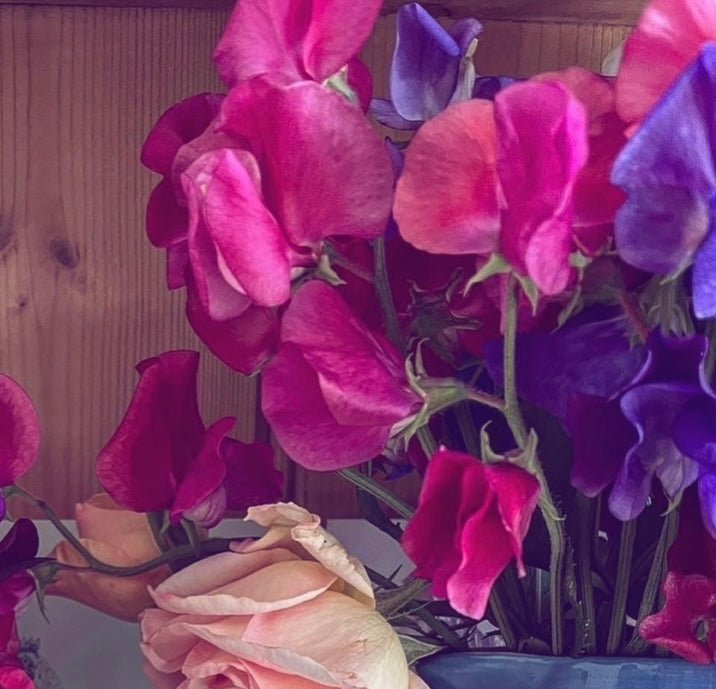 Sweet Pea Parfume Millennium in a blue vase with a pale pink rose against wood