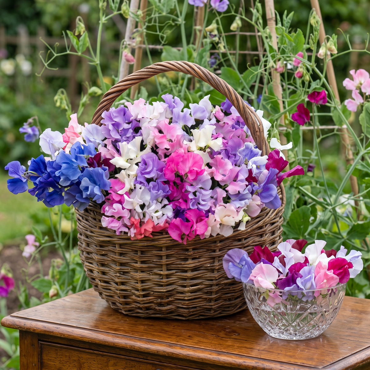 Wicker basket and glass bowl full of Sweet Pea Sweet Dreams in blue, purple and pink