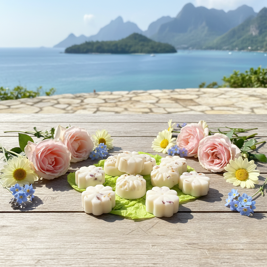 Thai Lime & Mango wax melts shaped like white flowers on a table with roses and a sea view