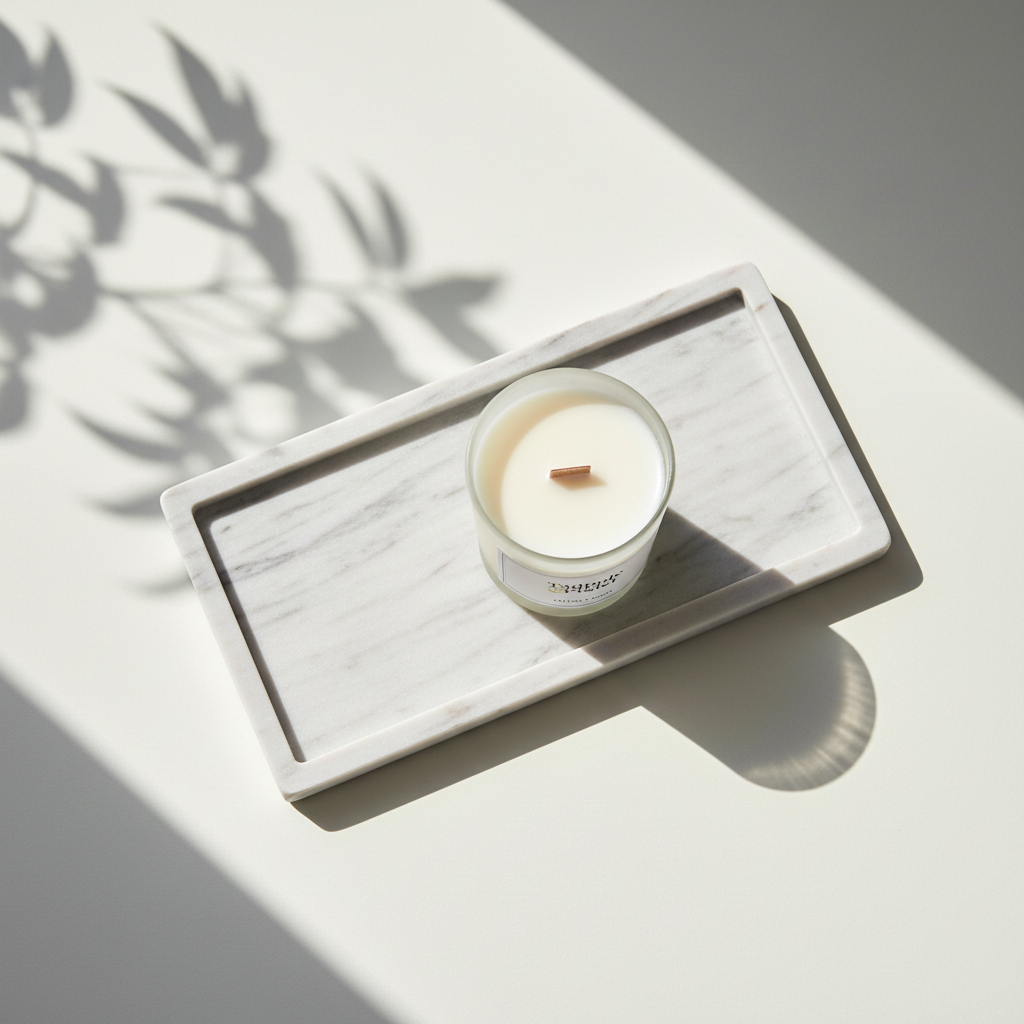 Thai Lime & Mango Scented Candle on a marble tray with sunlight and leafy shadows