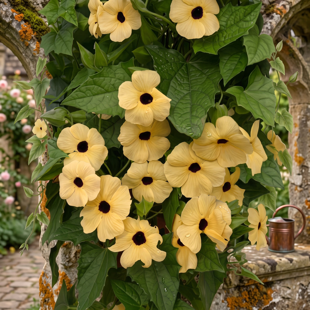 Thunbergia Amber Eyes climbing a garden arch covered in soft apricot black-eyed flowers