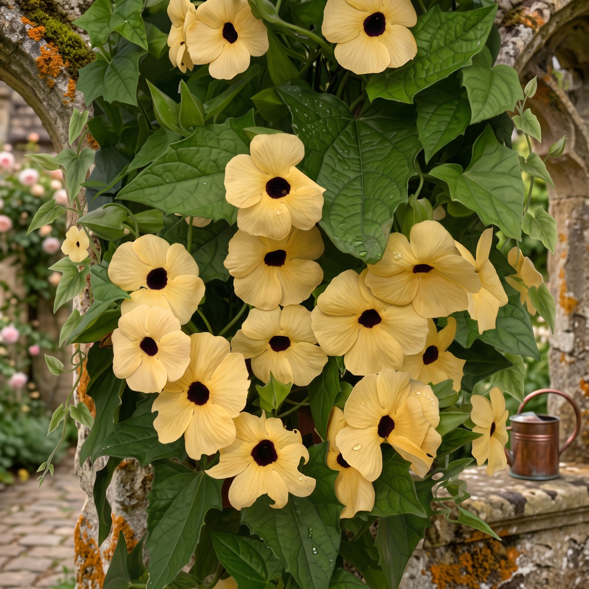Thunbergia Amber Eyes climbing a garden arch covered in soft apricot black-eyed flowers