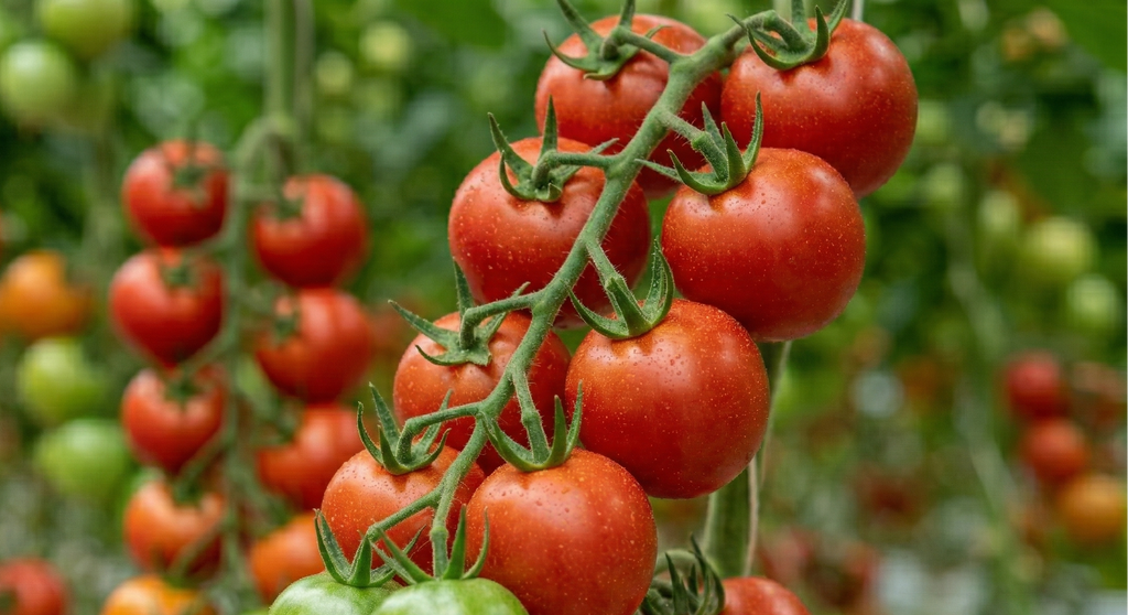 Tomato Alicante – trusses of ripe red and green tomatoes in a greenhouse