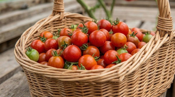 Tomato Gardeners Delight – wicker basket of red and a few green cherry tomatoes outdoors
