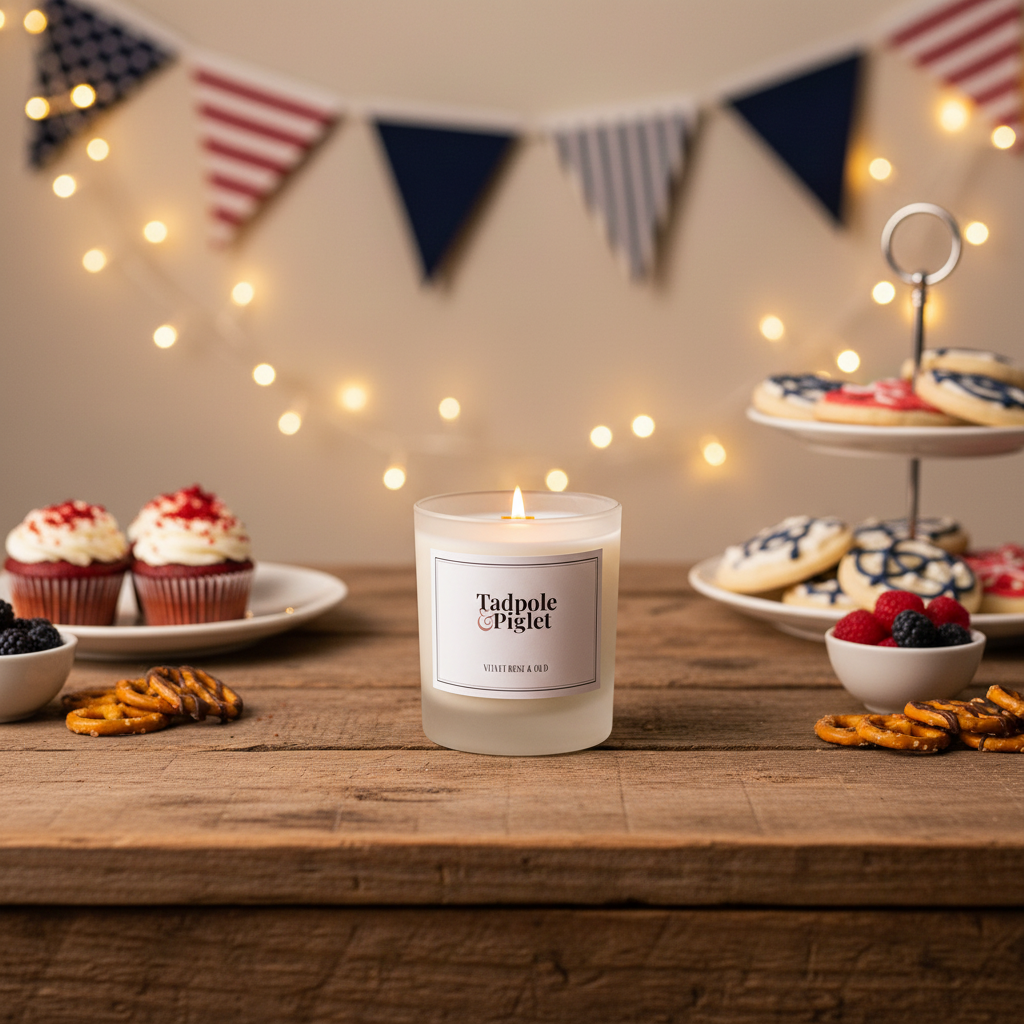 Velvet Rose & Oud Scented Candle glowing on a table with cakes, string lights and bunting